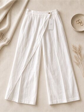 Lightweight White Wide-Leg Wrap Pants